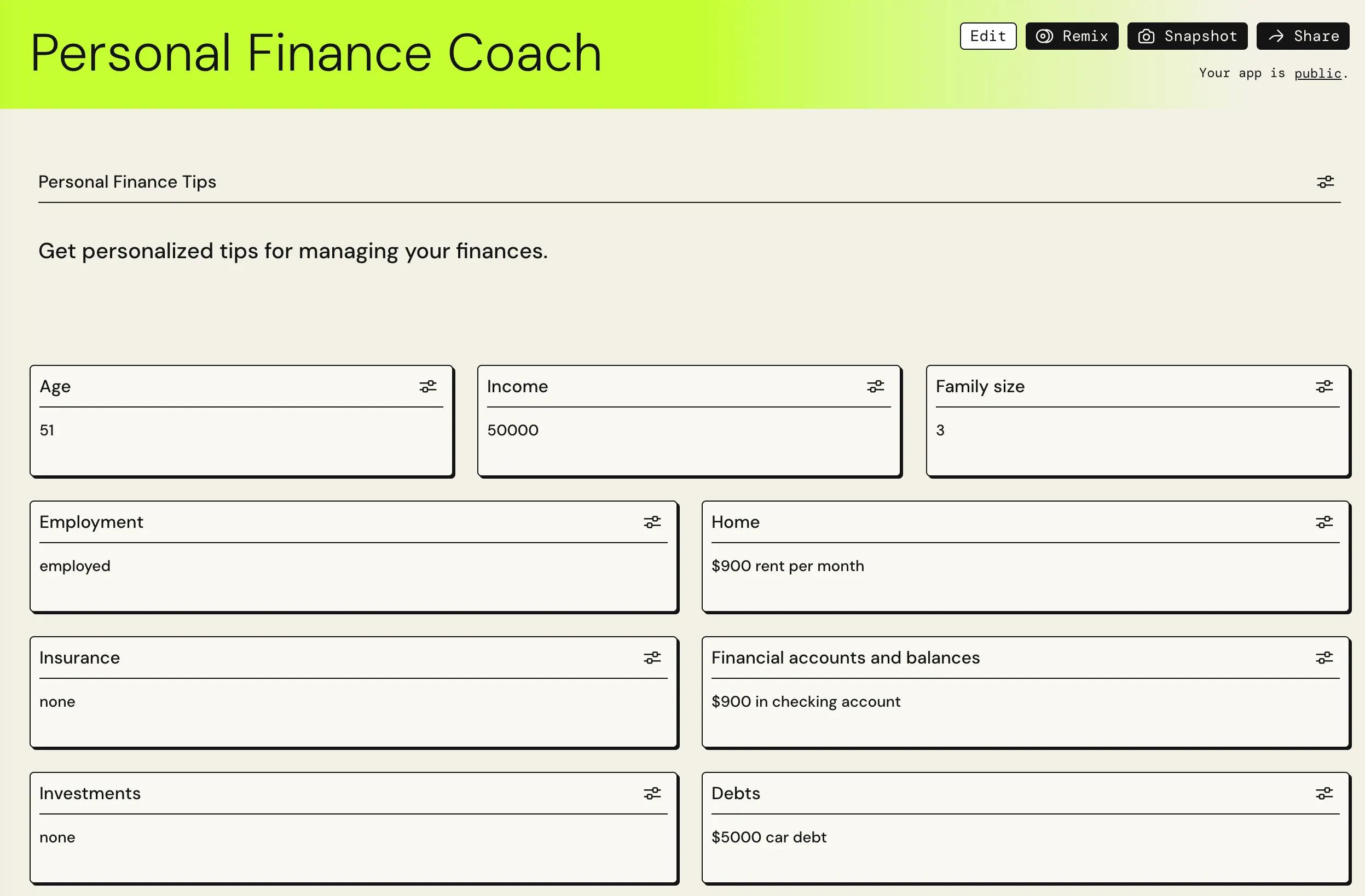Creating a personal finance coach using PartyRock