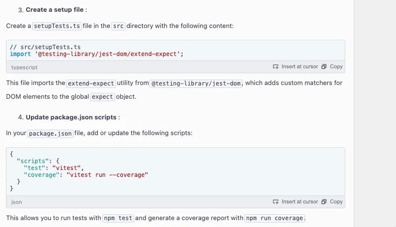 Steps 3-4 from Amazon Q prompt asking what the steps are to setup Vitest in this project.