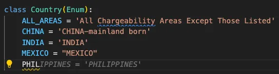 Grayed-out text as part of Amazon Q Developer autocompleting the country Enum list.