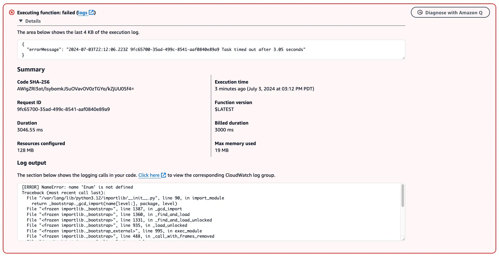 AWS Console showing the error when running the Lambda function being [ERROR] NameError: name 'Enum' 