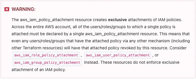 Terraform documentation for iam_policy_attachment with a warning that this resource creates exclusiv