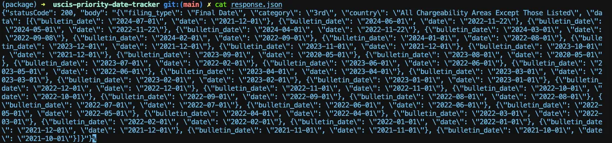 Terminal showing a json response object as defined further up in this article