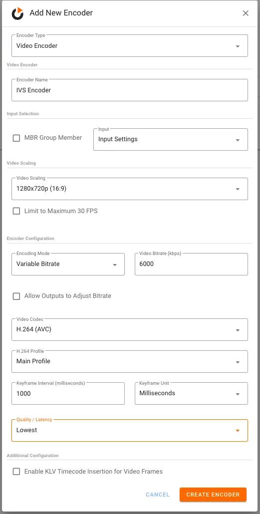 Videon Create New Encoder Screen