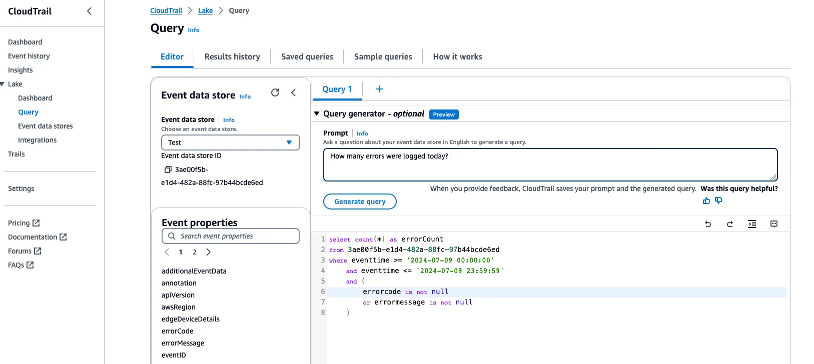 Query Generator feature within CloudTrail