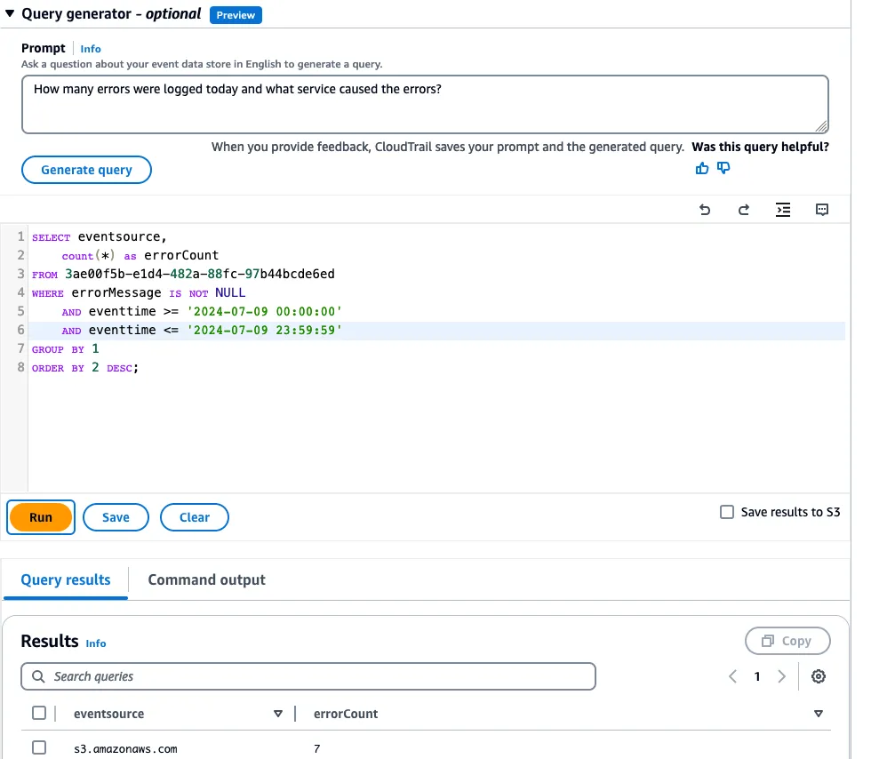 Query generator feature within CloudTrail