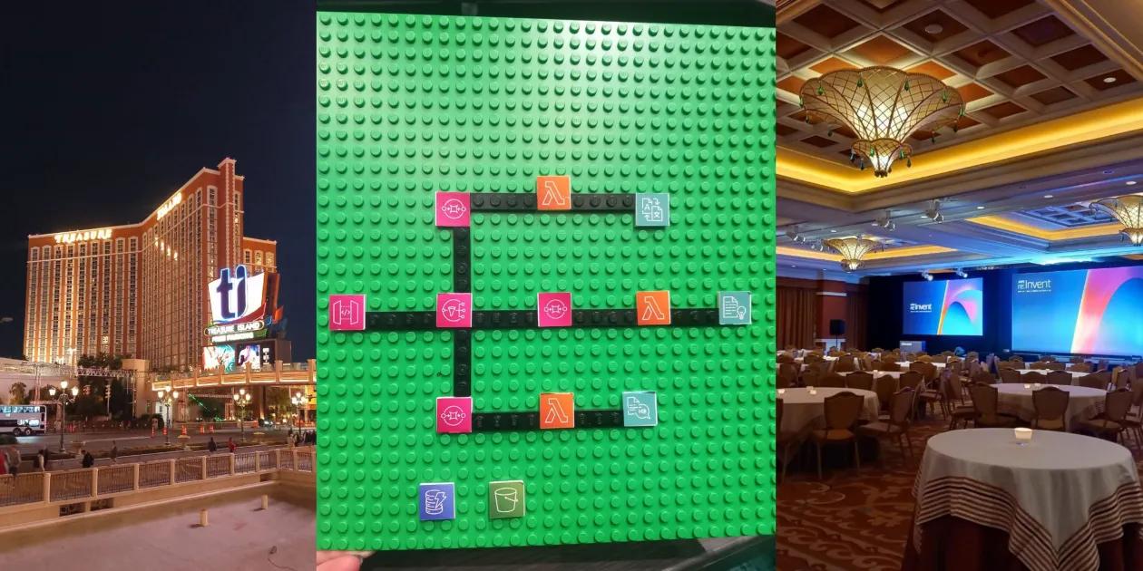 Re:Invent collage: hotel view, lego AWS architecture, grant event hall