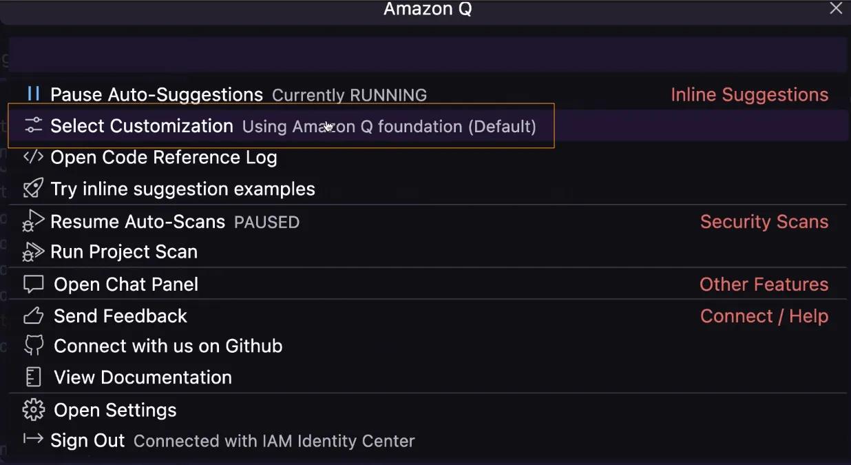 Amazon Q command pane in VSCode with Select Customization highlighted in orange