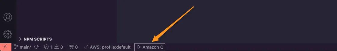 Orange arrow pointing to Amazon Q item in lower menu in VSCode.