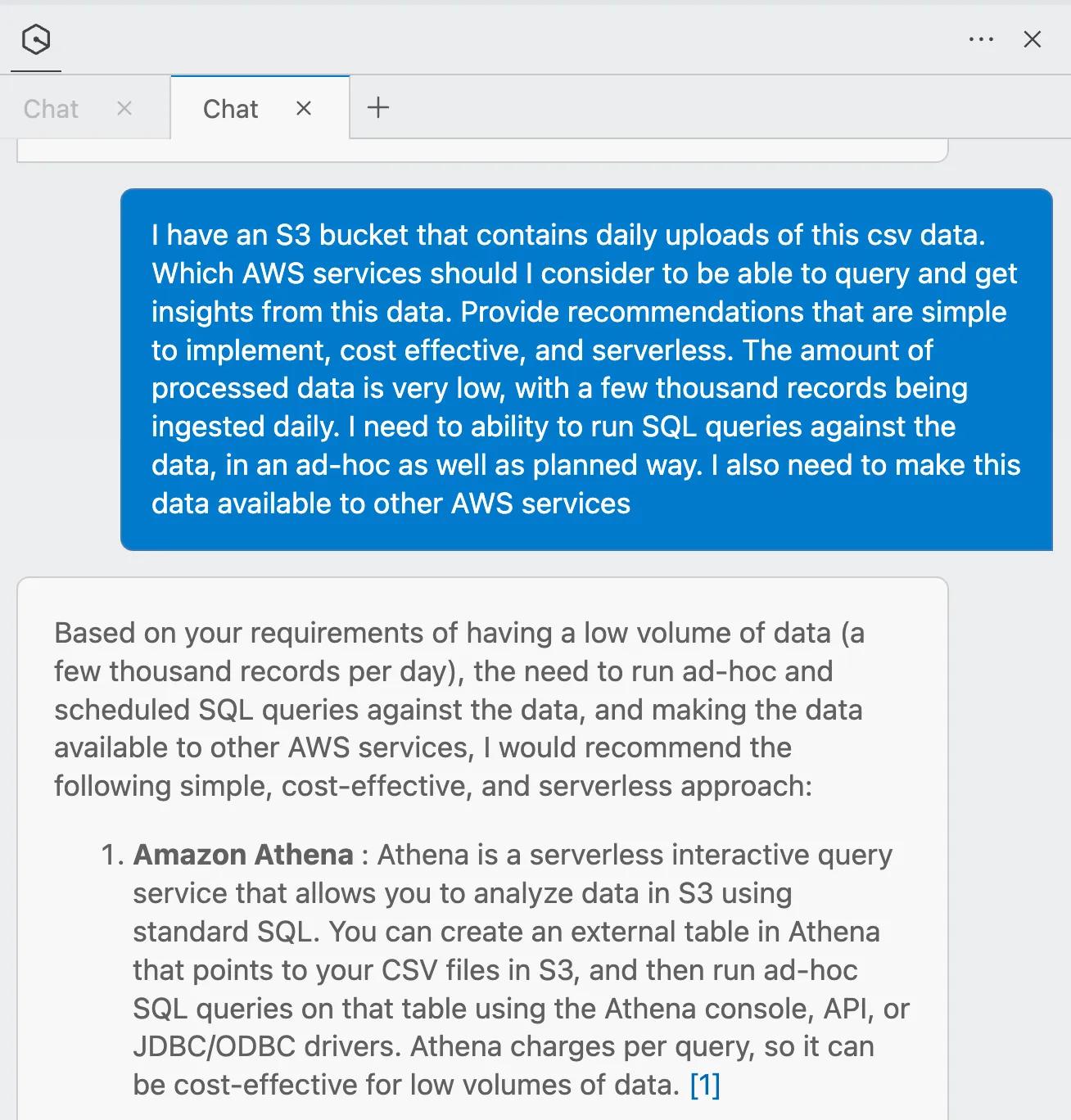 Output from Amazon Q Developer that shows Amazon Athena as a good option for my requirements
