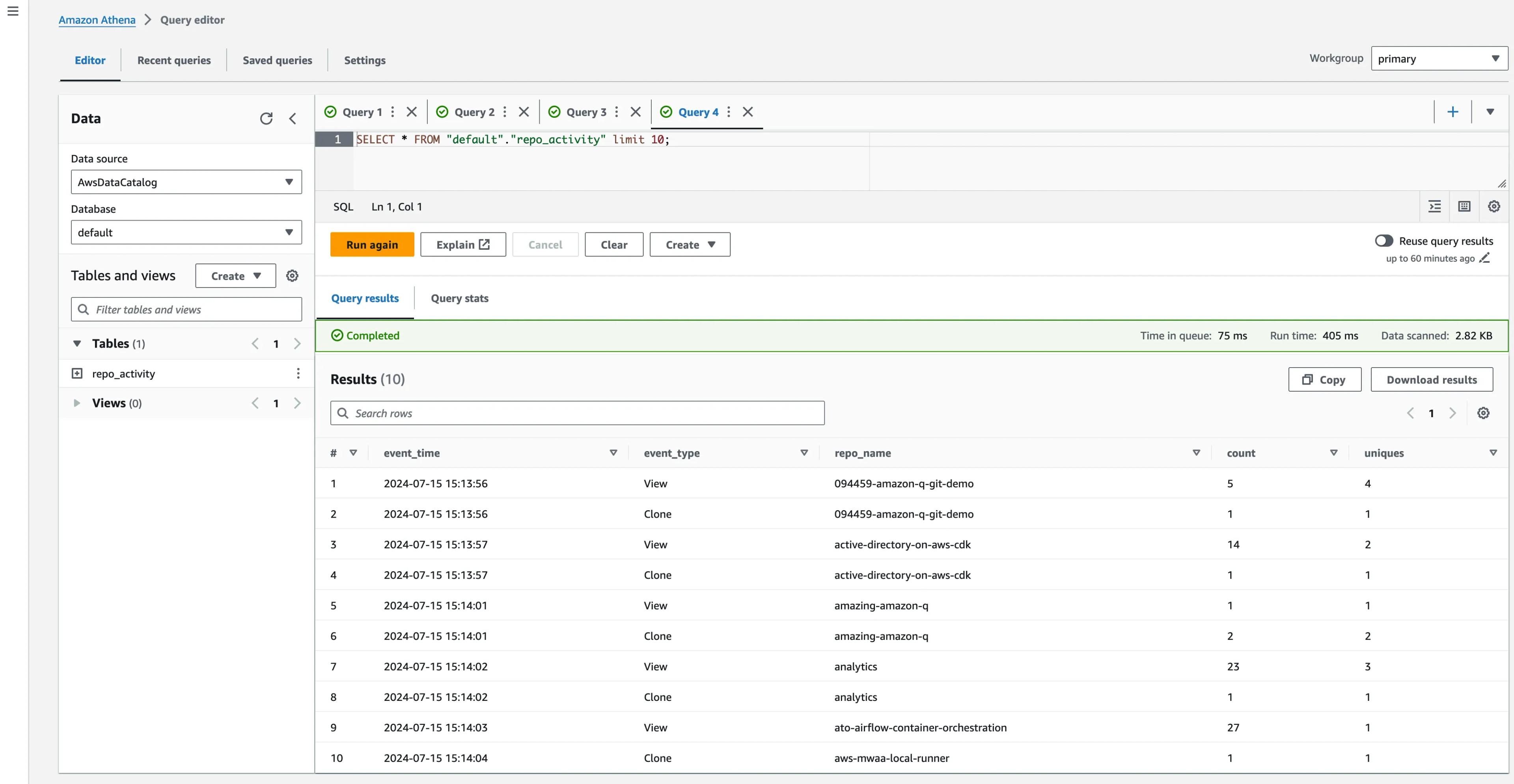 Preview data from Amazon Athena