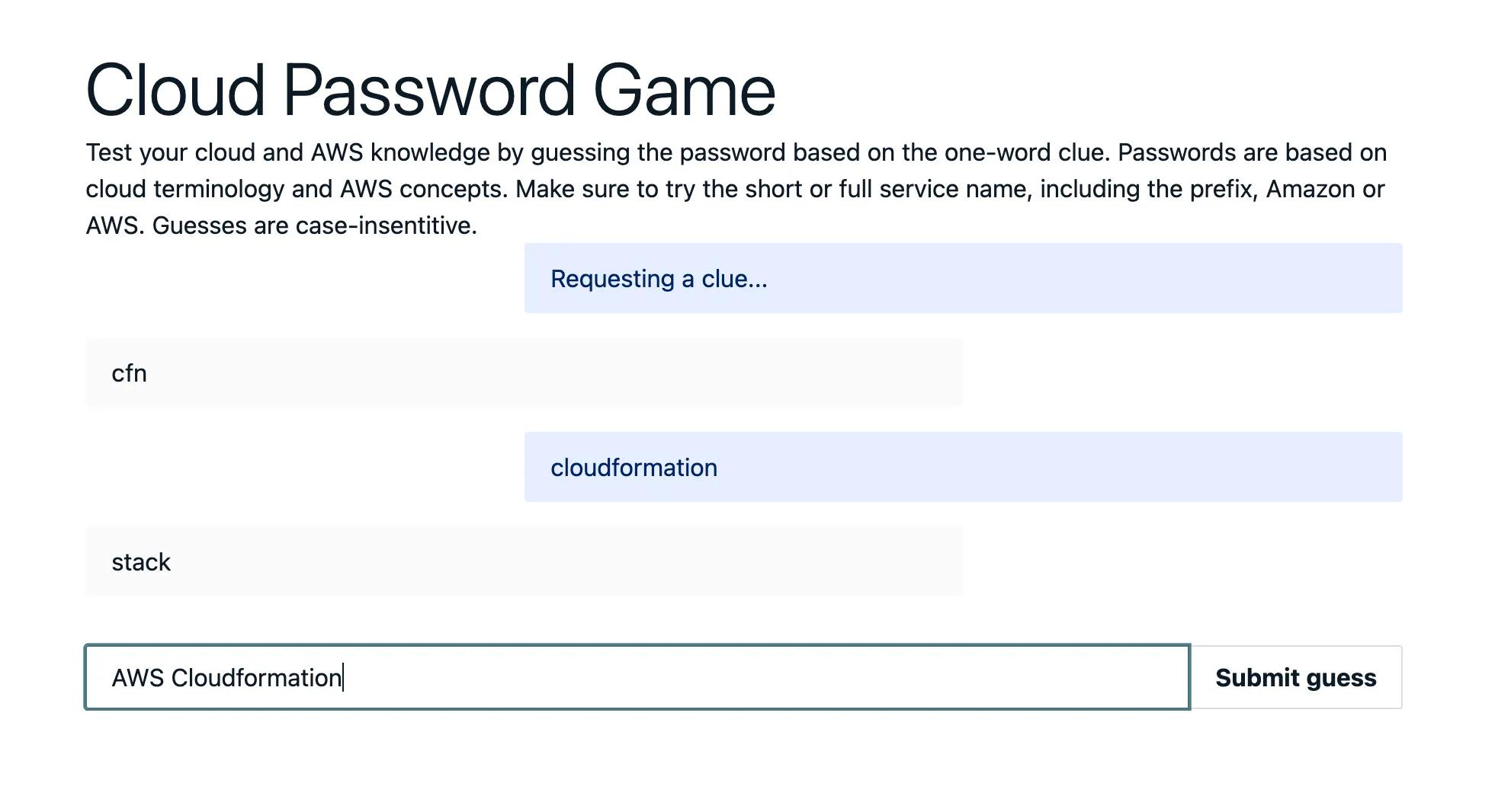 Screenshot of the Cloud Password Game UI