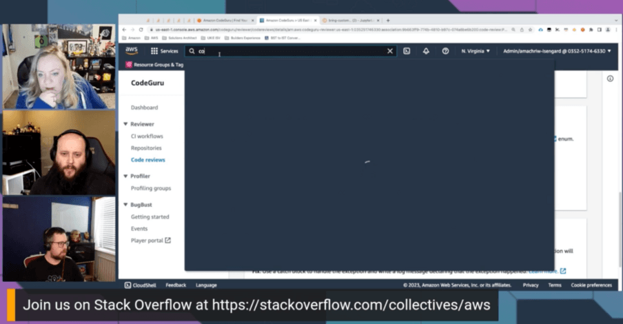 Streaming session with Julie, Chris, and Cobus, with a shared browser tab showing a Stack Overflow question