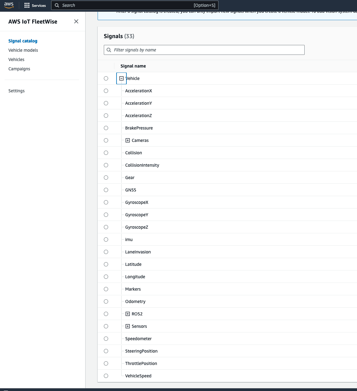 AWS IoT Fleetwise showing a list of signals for a vehicle in the console