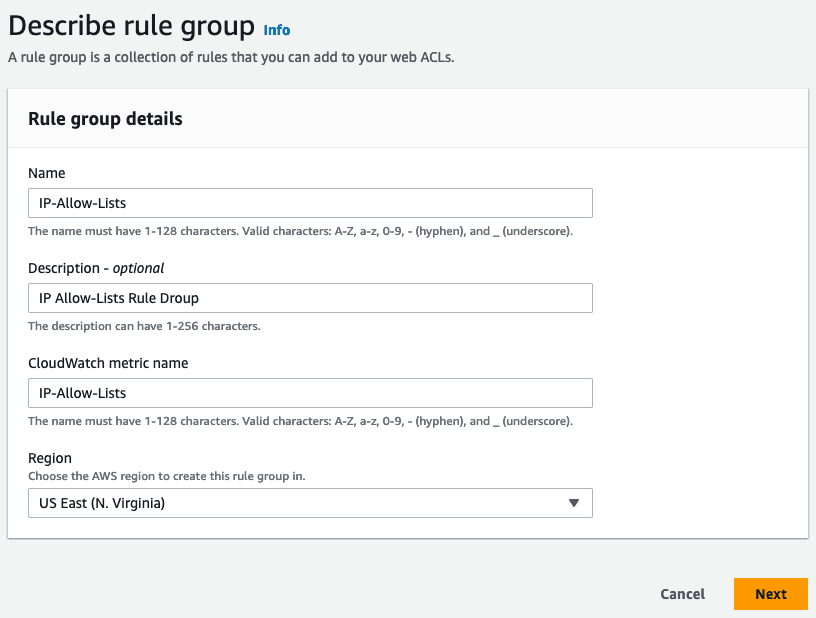 Creating rule group: Name, Description, CloudWatch metric name, Region