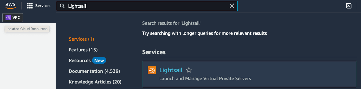 Open the Lightsail console using the search function in the AWS Console