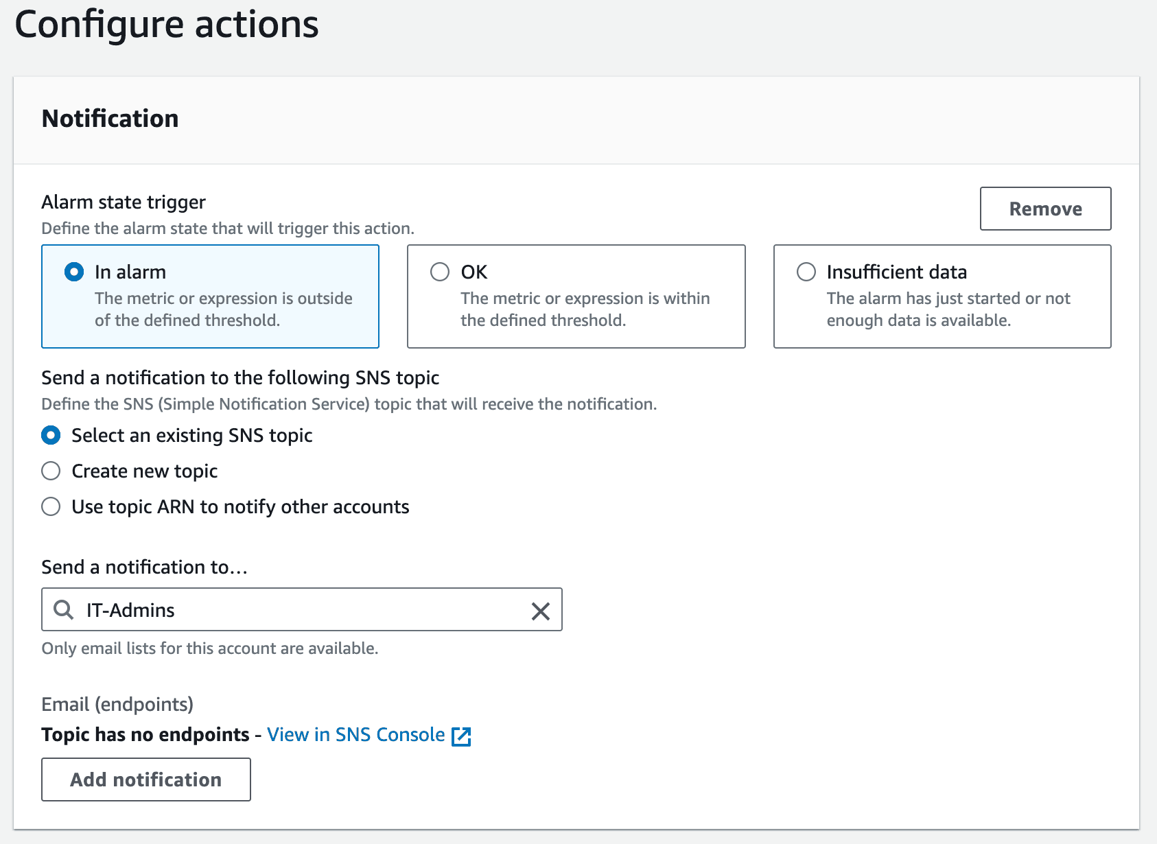Configure actions to send to Amazon SNS topic