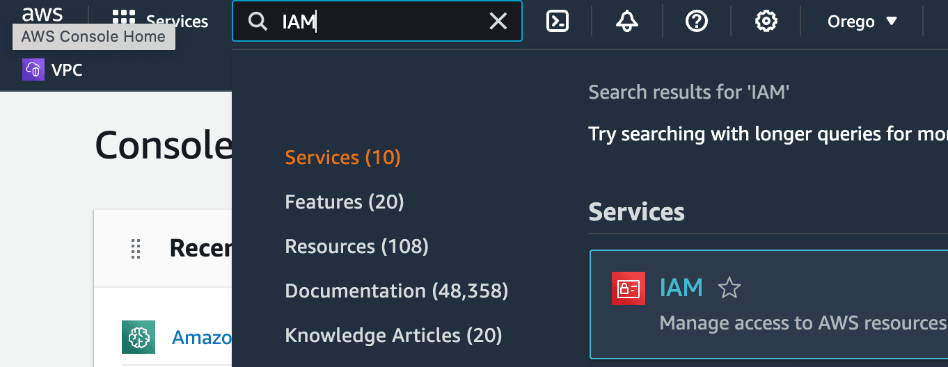 How to fins the IAM console with search
