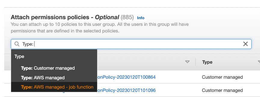 Select AWS Managed - job function policy