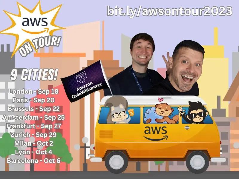 Olivier Leplus and Matheus Guimaraes riding a cartoon-like AWS bus with other characters waving from the windows. Text listing the nine cities and dates with a URL to learn more.