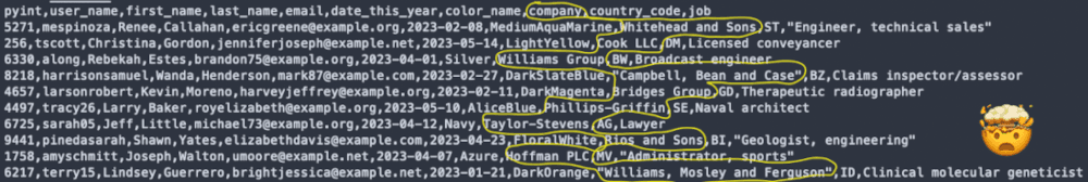 A csv file in a text editor with a wandering yellow outline of the 8th column
