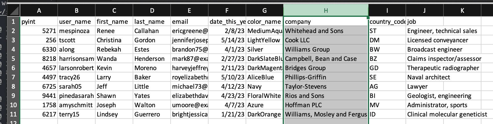 A csv file in Excel with the 8th column highlighted and clearly visible