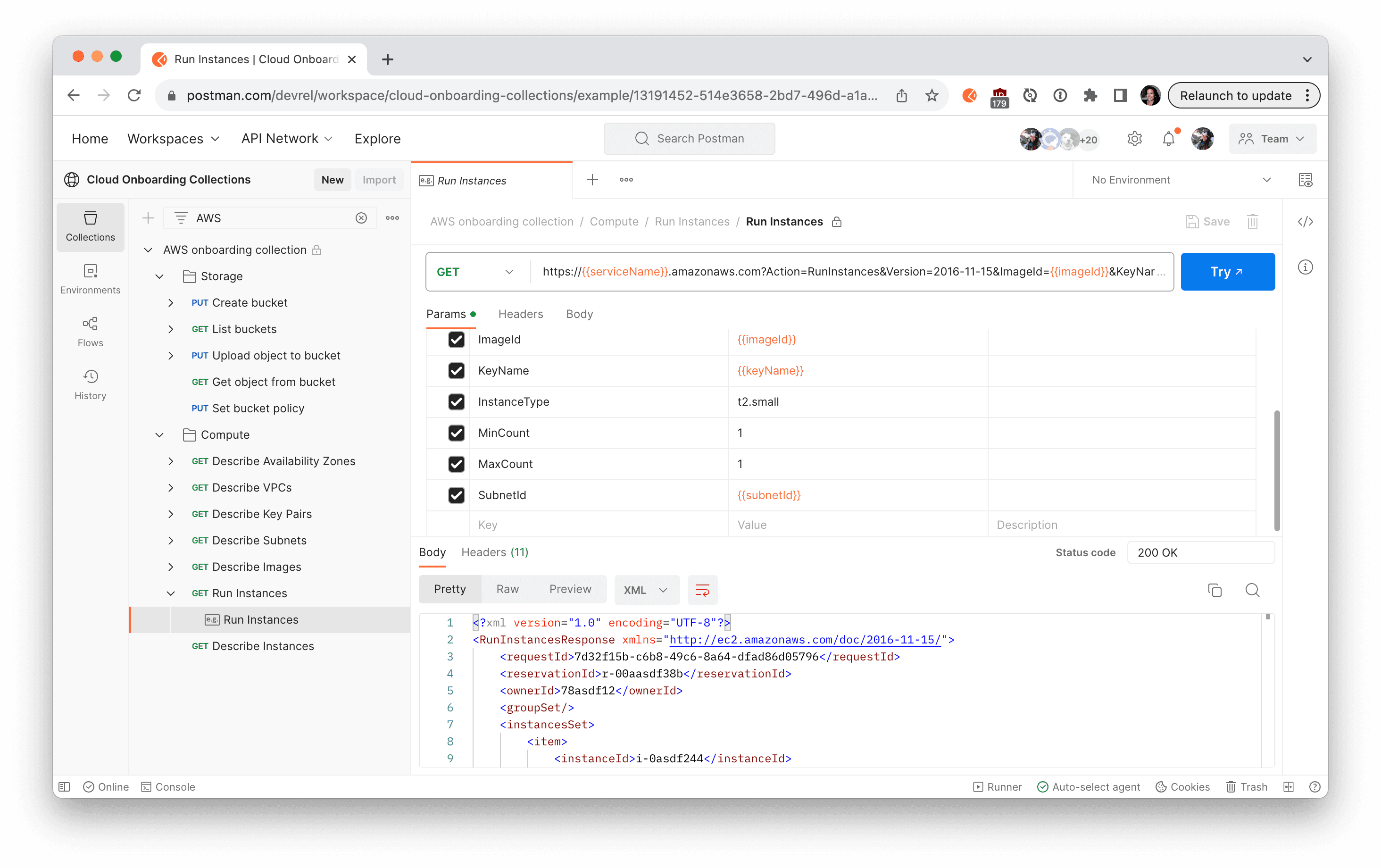 Fork the example collection to your own workspace to get started with S3, EC2, and set up an AWS authorization signature in Postman