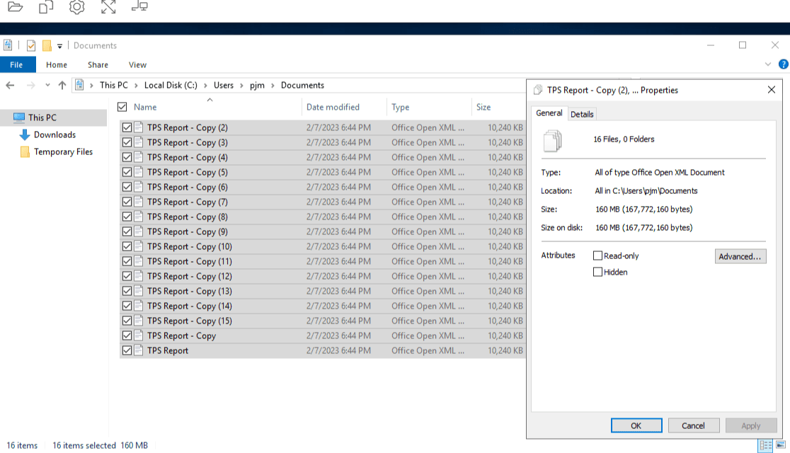 EC2 Windows File Explorer Window, Adding test data called TPS Report Documents to the user profile, Documents folder in order to simulate profile size increase.
