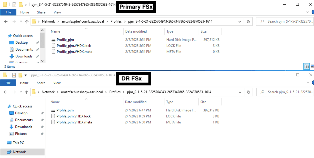 Windows file explorer app with two windows, one connected to the primary file server and the other connected to the DR file server. Primary and DR file server windows both have a file called profile_as2test2.vhdx with a new size of 397,312 KB