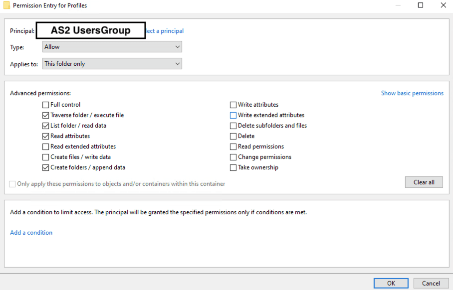 Image showing the NTFS permissions. Steps: create Folder or Append Data (Apply to: This Folder Only) Users – List Folder/Read Data (Apply to: This Folder Only) Users – Read Attributes (Apply to: This Folder Only) Users – Traverse Folder/Execute File (Apply to: This Folder Only).