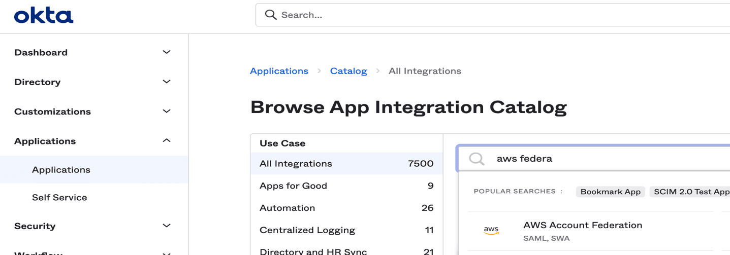 Image of the Okta console, browse app integration catalog. The text AWS Federation in the search bar brings up the AWS Account Federation app for SAML authentication.