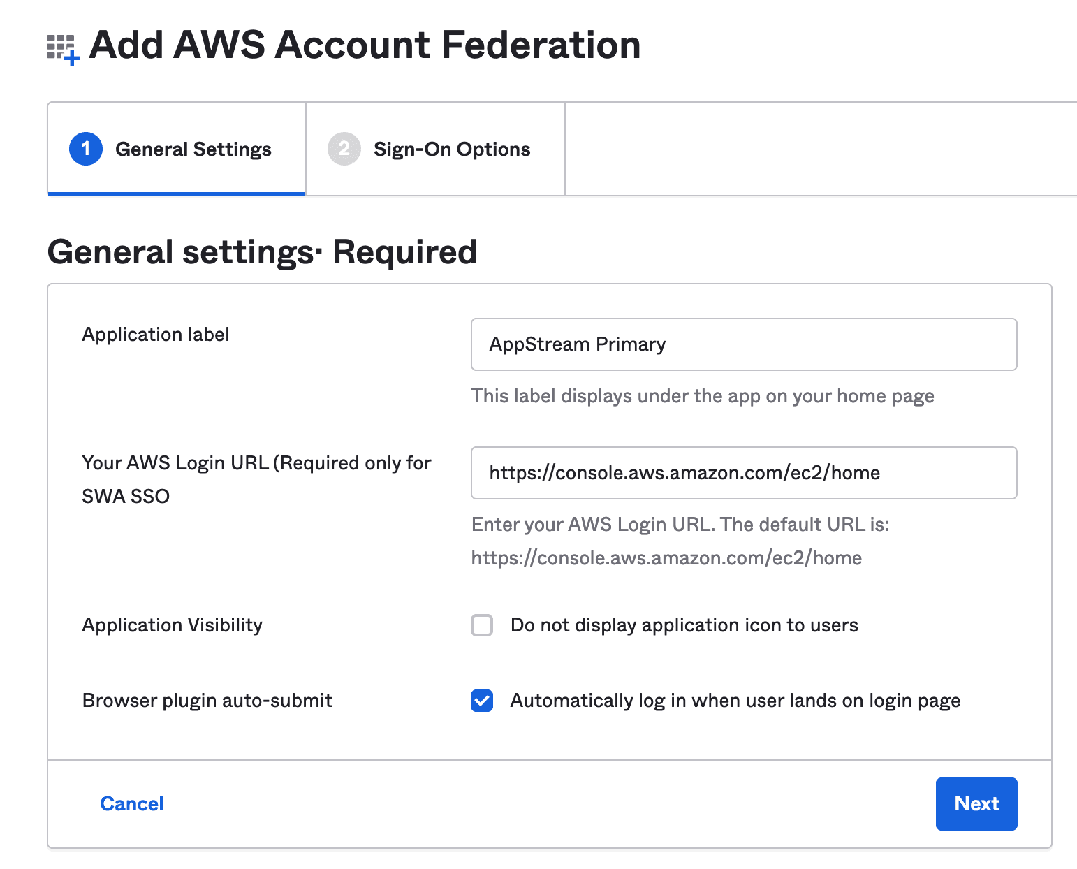 Add AWS Account Federation, under general settings then application label value is AppStream Primary