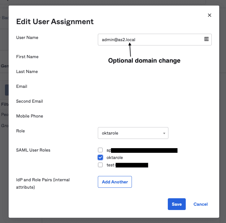 Okta Integration for AWS Account Federation Assignments Tab. User Name text box with the username admin@as2.local and an arrow indicating that this field can provide an optional domain change. Used when your okta is linked to a domain that is different to the AppStream fleet domain.