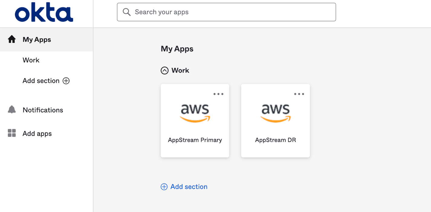 Okta Dashboard with two AWS Account SAML federation applications. AppStream Primary and AppStream DR.