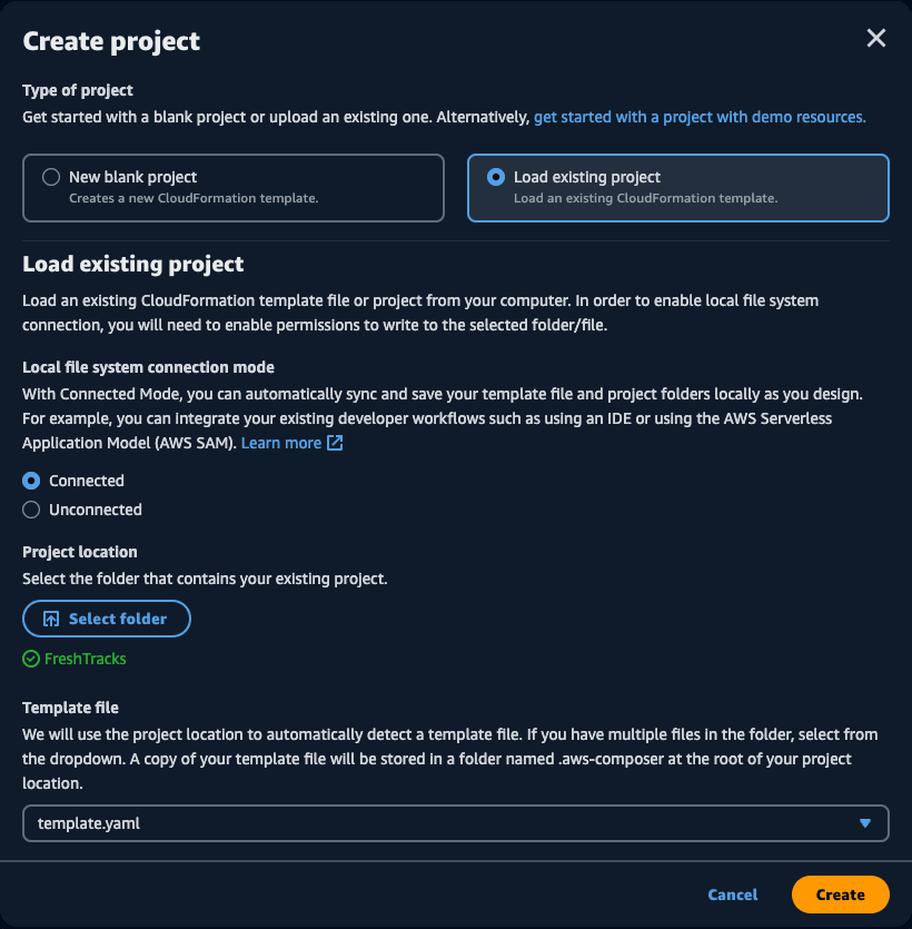 Console Create Project dialog box load existing project and connected mode