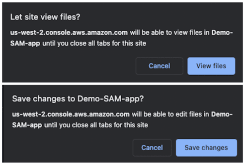 Browser prompts to allow access to select View and Edit files