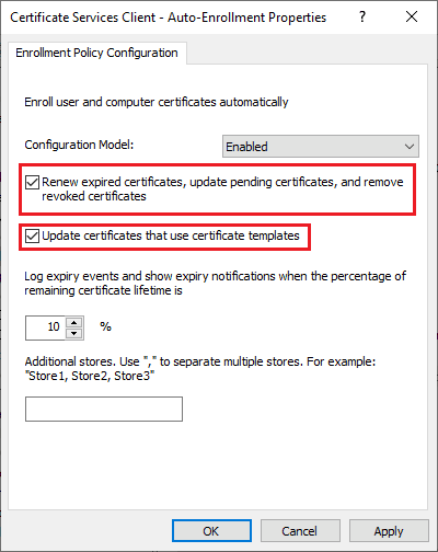 Image showing the configuration that you need to enable in Auto-Enrollment for the Certificates Service Client. Enable "Renew expired certificates..." and "Update Certificates that use certificate templates"