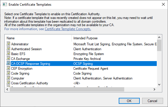 Image showing the dialog box when publishing a sample Certificate Template