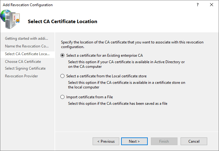 Image showing the "Select CA Certificate Location" step in the "Add Revocation Configuration" wizard