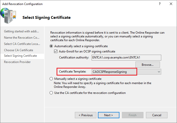 Image showing the "Select Signing Certificate" step in the "Add Revocation Configuration" wizard
