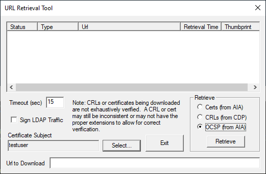 Image showing the "URL Retrieval Tool" window that was opened and highlighting the selection of the radio button "OCSP (from AIA)"