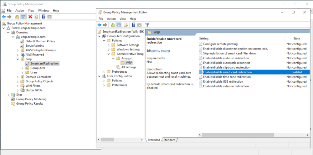 Image showing the "Group Policy Management" console configuring a sample GPO and highlighting the "Enable/disable smart card redirection" setting we need to configure