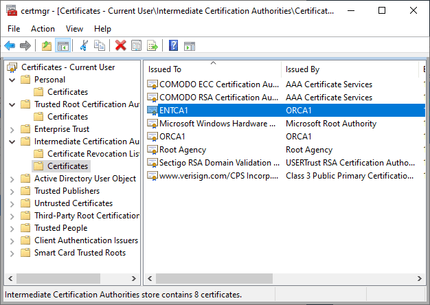 Image showing the "Intermediate Certification Authorities" store highlighting a sample intermediate certificate "ENTCA1"