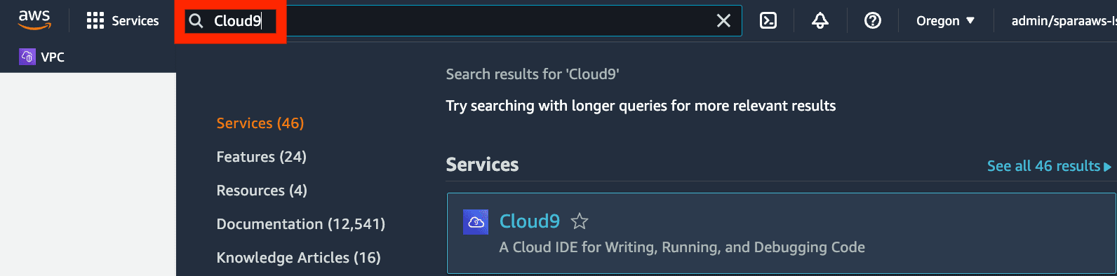 Open Cloud9 service in the AWS console