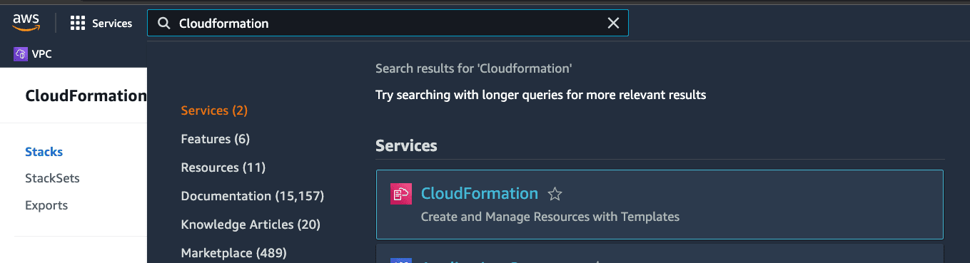 Open the Cloudformation page with the search bar