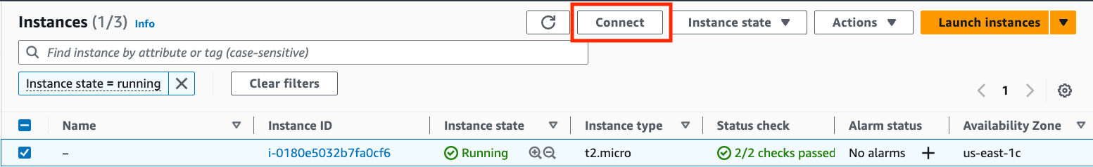 Choose the EC2 instance by the instance ID and Connect
