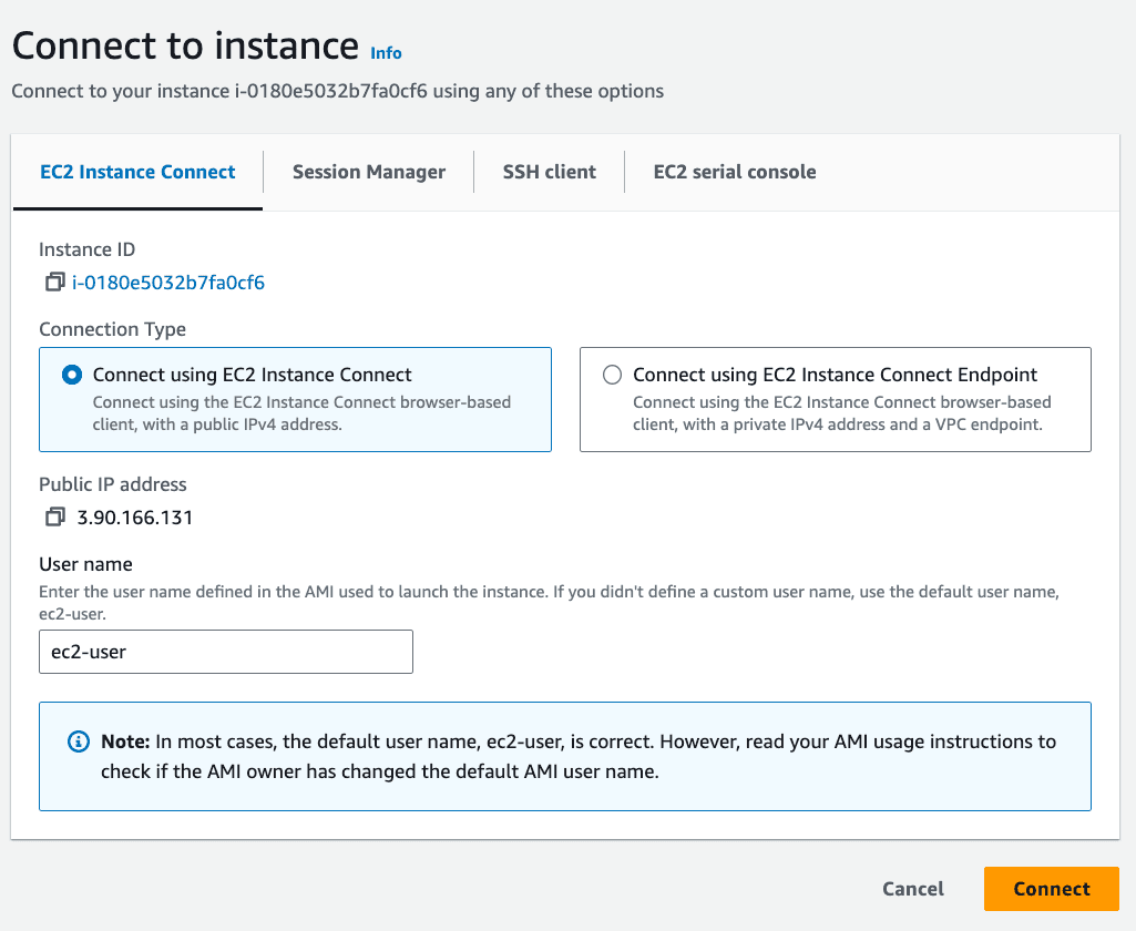Choose EC2 Instance Connect to open a terminal