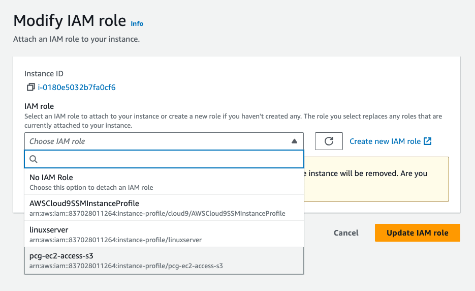 Select the IAM role to access S2