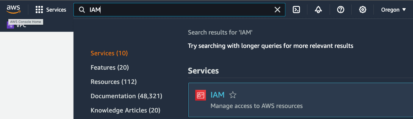 Open the IAM console by using the search bar
