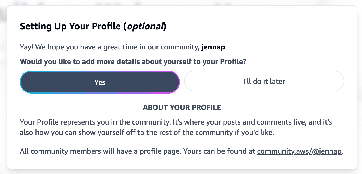 Overlay prompting you to set up your profile.