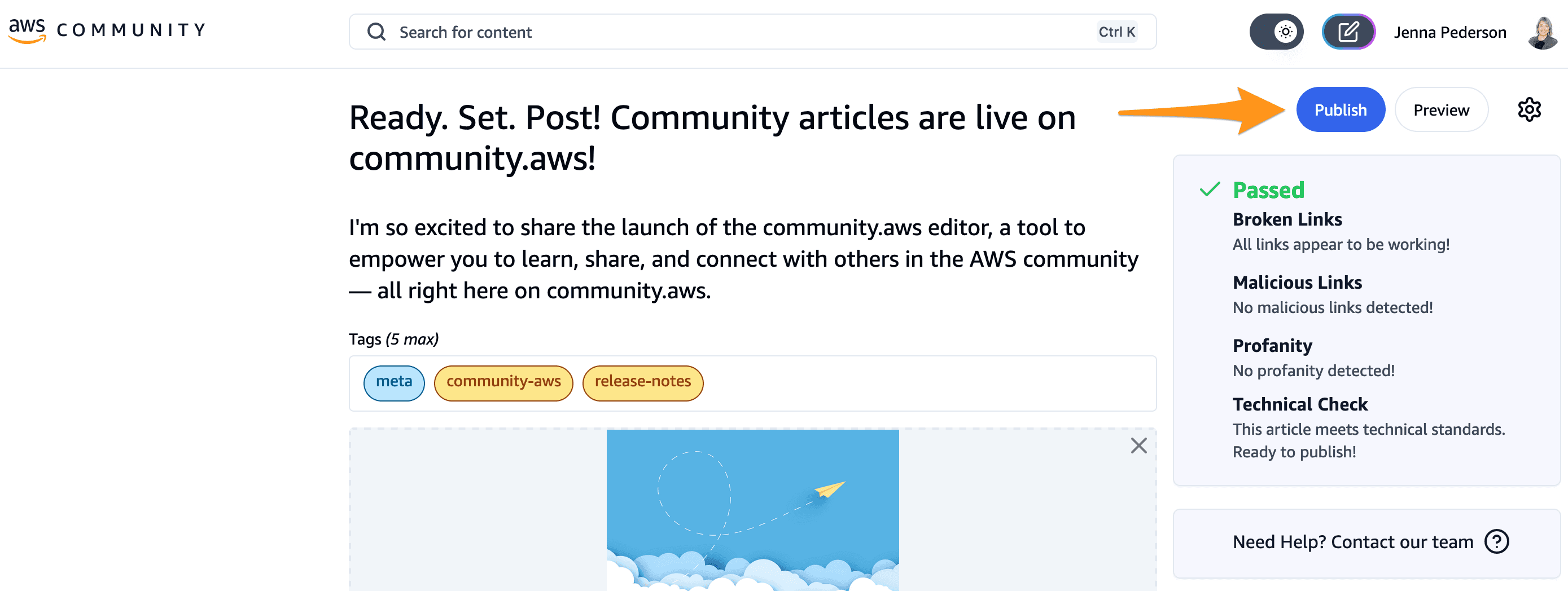 Edit page showing an orange arrow pointing to the Publish button.